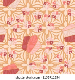 Seamless editable pattern consisting of broken pentagons.
Against the backdrop there is a texture of repetitive four-sided figures.