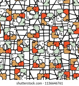 Seamless editable pattern consisting of four varicoloured cobblestones are stacked in the form of a square. The background is made in the form of paving stone.