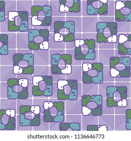Seamless editable pattern consisting of four varicoloured cobblestones are stacked in the form of a square. On the background medium-sized squares consisting of diagonal strips of different directions