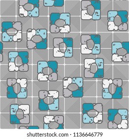 Seamless editable pattern consisting of four varicoloured cobblestones are stacked in the form of a square. On the background medium-sized squares consisting of diagonal strips of different directions