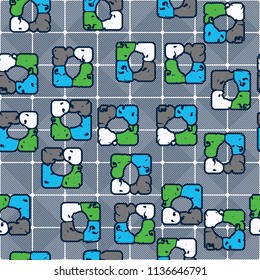 Seamless editable pattern consisting of four varicoloured cobblestones are stacked in the form of a square. On the background medium-sized squares consisting of diagonal strips of different directions