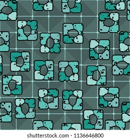 Seamless editable pattern consisting of four varicoloured cobblestones are stacked in the form of a square. On the background medium-sized squares consisting of diagonal strips of different directions