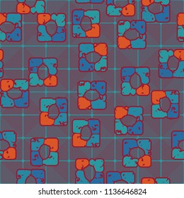 Seamless editable pattern consisting of four varicoloured cobblestones are stacked in the form of a square. On the background medium-sized squares consisting of diagonal strips of different directions
