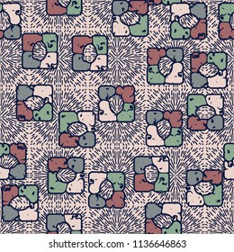 Seamless editable pattern consisting of four varicoloured cobblestones are stacked in the form of a square. On the background dashes of different lengths directed from the center of squares.