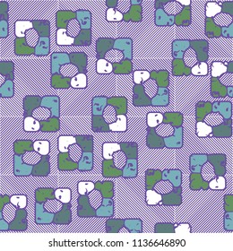 Seamless editable pattern consisting of four varicoloured cobblestones are stacked in the form of a square. On the background large squares consisting of diagonal strips of different directions.
