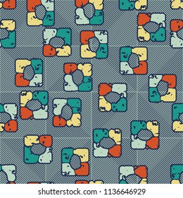 Seamless editable pattern consisting of four varicoloured cobblestones are stacked in the form of a square. On the background large squares consisting of diagonal strips of different directions.