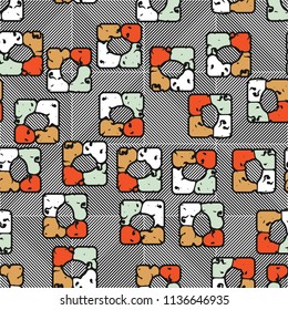 Seamless editable pattern consisting of four varicoloured cobblestones are stacked in the form of a square. On the background large squares consisting of diagonal strips of different directions.