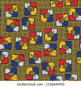 Seamless editable pattern consisting of four varicoloured cobblestones are stacked in the form of a square. On the background small squares consisting of vertical and horizontal strips.