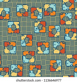 Seamless editable pattern consisting of four varicoloured cobblestones are stacked in the form of a square. On the background small squares consisting of vertical and horizontal strips.