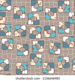 Seamless editable pattern consisting of four varicoloured cobblestones are stacked in the form of a square. On the background small squares consisting of vertical and horizontal strips.