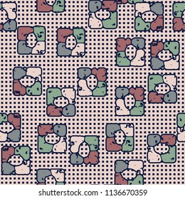 Seamless editable pattern consisting of four varicoloured cobblestones are stacked in the form of a square. On the background a lot of very small squares, looks like an iron grid.