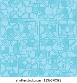 Seamless editable pattern consisting of four varicoloured cobblestones are stacked in the form of a square. On the background large squares consisting of vertical and horizontal strips.