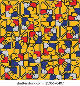 Seamless editable pattern consisting of four varicoloured cobblestones are stacked in the form of a square. On the background large squares consisting of vertical and horizontal strips.