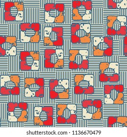 Seamless editable pattern consisting of four varicoloured cobblestones are stacked in the form of a square. On the background large squares consisting of vertical and horizontal strips.
