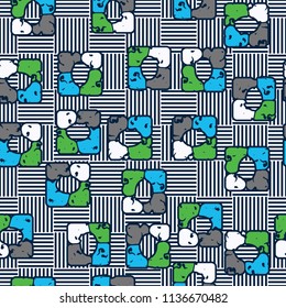 Seamless editable pattern consisting of four varicoloured cobblestones are stacked in the form of a square. On the background large squares consisting of vertical and horizontal strips.