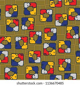 Seamless editable pattern consisting of four varicoloured cobblestones are stacked in the form of a square. On the background large squares consisting of vertical and horizontal strips.