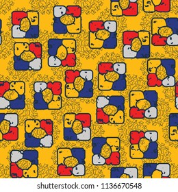 Seamless editable pattern consisting of four varicoloured cobblestones are stacked in the form of a square. On the background small broken pentagons assembled on batches.