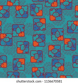 Seamless editable pattern consisting of four varicoloured cobblestones are stacked in the form of a square. On the background small broken pentagons assembled on batches.