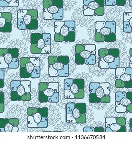 Seamless editable pattern consisting of four varicoloured cobblestones are stacked in the form of a square. On the background small broken pentagons assembled on batches.