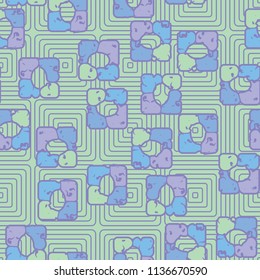 Seamless editable pattern consisting of four varicoloured cobblestones are stacked in the form of a square. On the background recursion of squares with rounded edges.