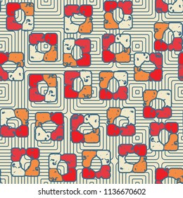 Seamless editable pattern consisting of four varicoloured cobblestones are stacked in the form of a square. On the background recursion of squares with rounded edges.