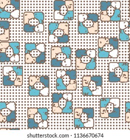 Seamless editable pattern consisting of four varicoloured cobblestones are stacked in the form of a square. On the background a lot of very small squares, looks like an iron grid.