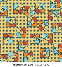Seamless editable pattern consisting of four varicoloured cobblestones are stacked in the form of a square. On the background a lot of very small squares, looks like an iron grid.
