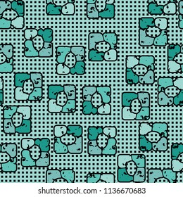 Seamless editable pattern consisting of four varicoloured cobblestones are stacked in the form of a square. On the background a lot of very small squares, looks like an iron grid.