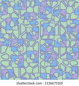 Seamless editable pattern consisting of four varicoloured cobblestones are stacked in the form of a square. On the background large squares consisting of vertical and horizontal strips.