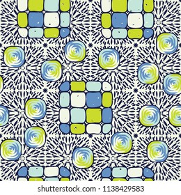 A seamless editable pattern consisting of smoothed squares divided into parts and with a twist in the middle. The background is a texture consisting of square liquid explosions.
