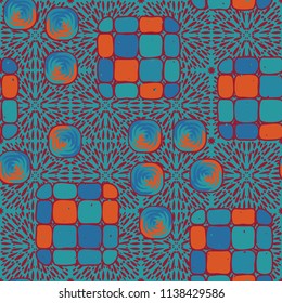A seamless editable pattern consisting of smoothed squares divided into parts and with a twist in the middle. The background is a texture consisting of square liquid explosions.