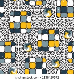 A seamless editable pattern consisting of smoothed squares divided into parts and with a twist in the middle. The background is a texture consisting of square liquid explosions.