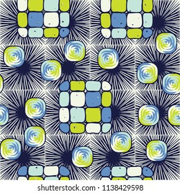 A seamless editable pattern consisting of smoothed squares divided into parts and with a twist inside.
The background is a texture consisting of square suns.