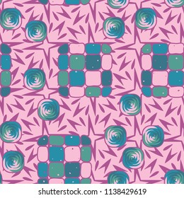 A seamless editable pattern consisting of smoothed squares divided into parts and with a twist inside.
The background is a texture consisting of exploding four-beam stars.