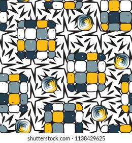 A seamless editable pattern consisting of smoothed squares divided into parts and with a twist inside.
The background is a texture consisting of exploding four-beam stars.