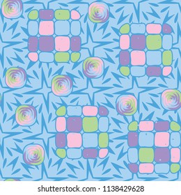 A seamless editable pattern consisting of smoothed squares divided into parts and with a twist inside.
The background is a texture consisting of exploding four-beam stars.