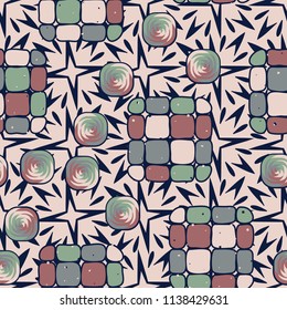 A seamless editable pattern consisting of smoothed squares divided into parts and with a twist inside.
The background is a texture consisting of exploding four-beam stars.