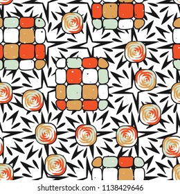 A seamless editable pattern consisting of smoothed squares divided into parts and with a twist inside.
The background is a texture consisting of exploding four-beam stars.