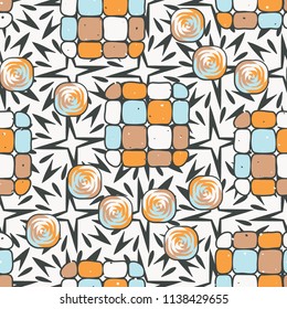 A seamless editable pattern consisting of smoothed squares divided into parts and with a twist inside.
The background is a texture consisting of exploding four-beam stars.