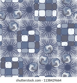 A seamless editable pattern consisting of smoothed squares divided into parts and with a twist inside.
The background is a texture consisting of square suns.