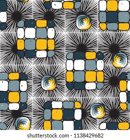 A seamless editable pattern consisting of smoothed squares divided into parts and with a twist inside.
The background is a texture consisting of square suns.
