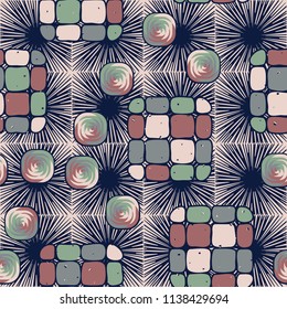 A seamless editable pattern consisting of smoothed squares divided into parts and with a twist inside.
The background is a texture consisting of square suns.