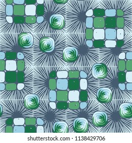 A seamless editable pattern consisting of smoothed squares divided into parts and with a twist inside.
The background is a texture consisting of square suns.