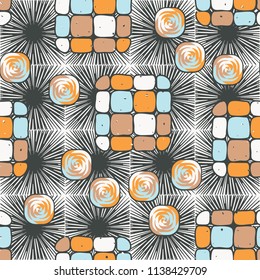 A seamless editable pattern consisting of smoothed squares divided into parts and with a twist inside.
The background is a texture consisting of square suns.