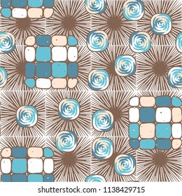 A seamless editable pattern consisting of smoothed squares divided into parts and with a twist inside.
The background is a texture consisting of square suns.