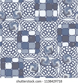 A seamless editable pattern consisting of smoothed squares divided into parts and with a twist in the middle. The background is a texture consisting of square weaves.