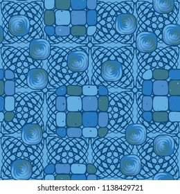 A seamless editable pattern consisting of smoothed squares divided into parts and with a twist in the middle. The background is a texture consisting of square weaves.