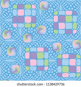 A seamless editable pattern consisting of smoothed squares divided into parts and with a twist in the middle. The background is a texture consisting of square weaves.