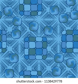 A seamless editable pattern consisting of smoothed squares divided into parts and with a twist in the middle. The background is a texture consisting of wafer diamonds.