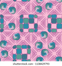 A seamless editable pattern consisting of smoothed squares divided into parts and with a twist in the middle. The background is a texture consisting of wafer diamonds.